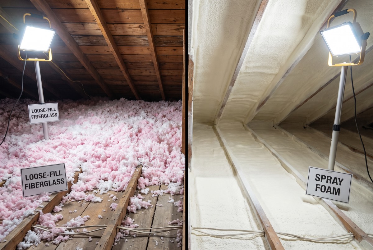 Side by side comparison of blown-in fiberglass attic insulation and spray foam on a roof deck